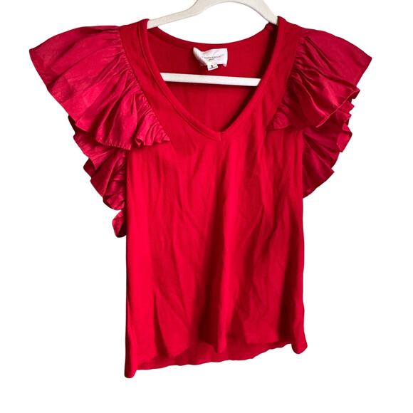 Red Pomander Place Ruffle Sleeve Rib Knit Top Tuckernuck S Preppy V-neck - Picture 2 of 6